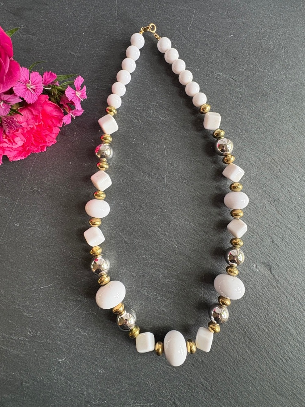 Vintage 80s Trifari Chunky White Lucite Bead Necklace Two Tone Gold Silver 24"